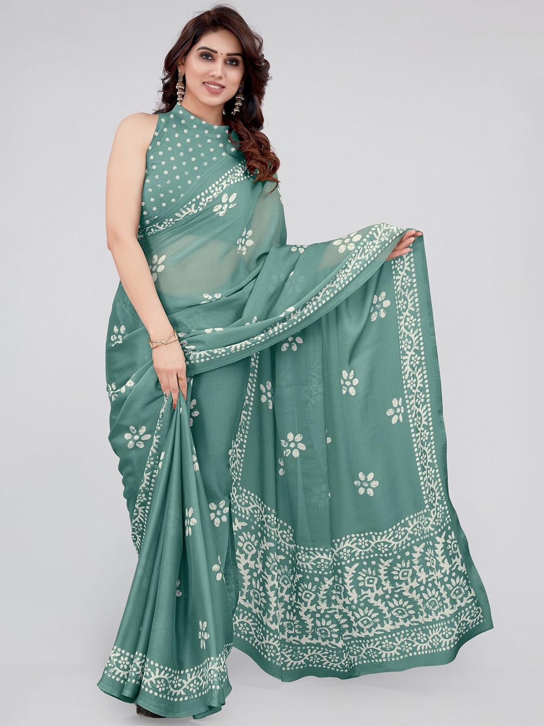 

MIRCHI FASHION Batik Printed Chiffon Saree, Teal