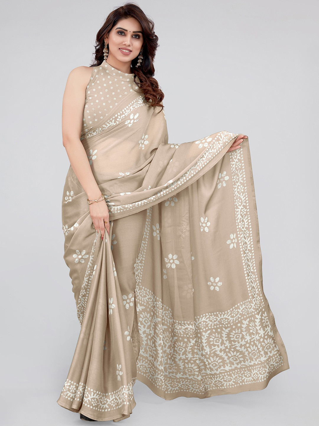 

MIRCHI FASHION Batik Block Printed Saree, Beige