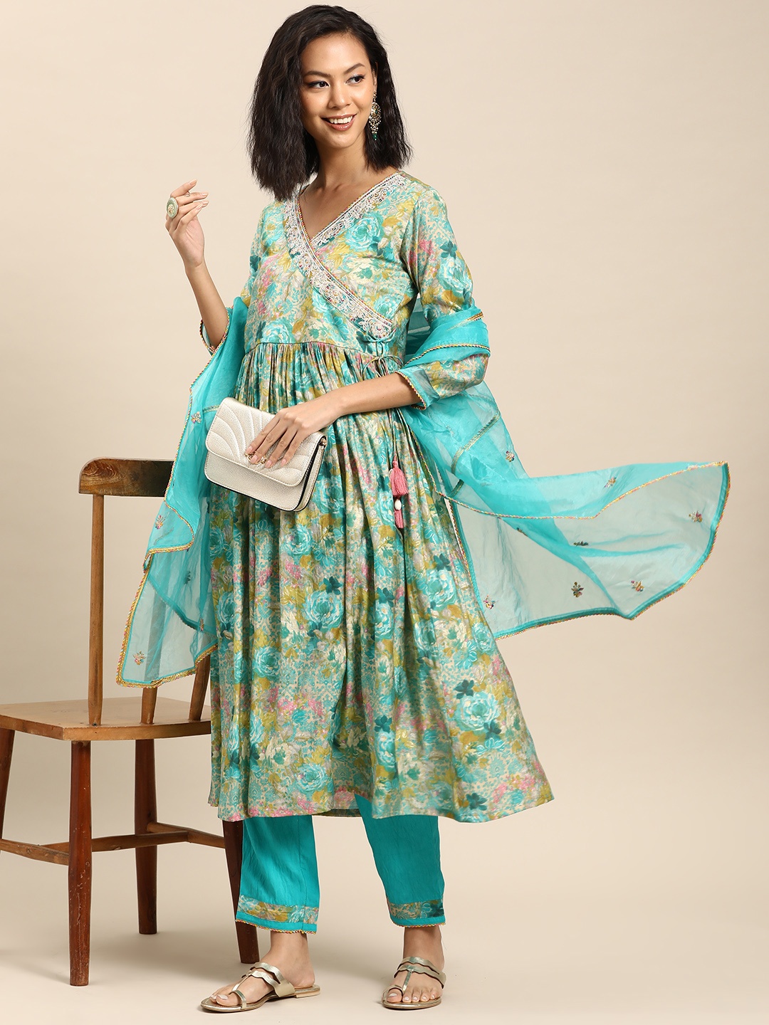 

Sangria Women Printed Embroidered Angrakha Kurta With Trousers & Organza Dupatta, Turquoise blue