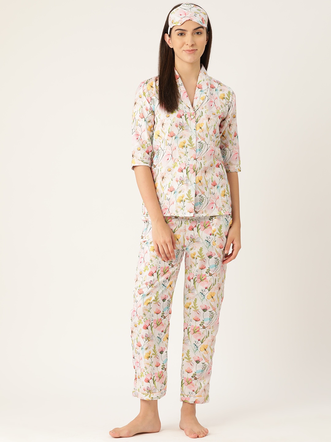 

bedgasm Women Floral Printed Night suit with Eye Mask, White