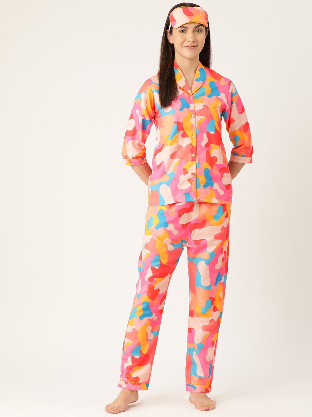 

bedgasm Women Abstract Printed Night suit with Eye Mask, Pink