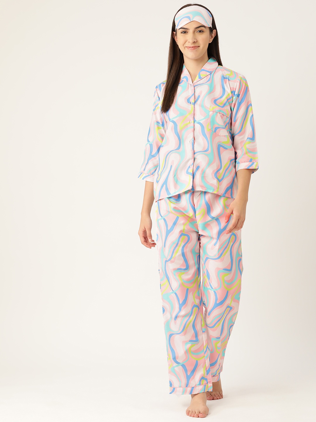 

bedgasm Women Abstract Printed Night suit with Eye Mask, White