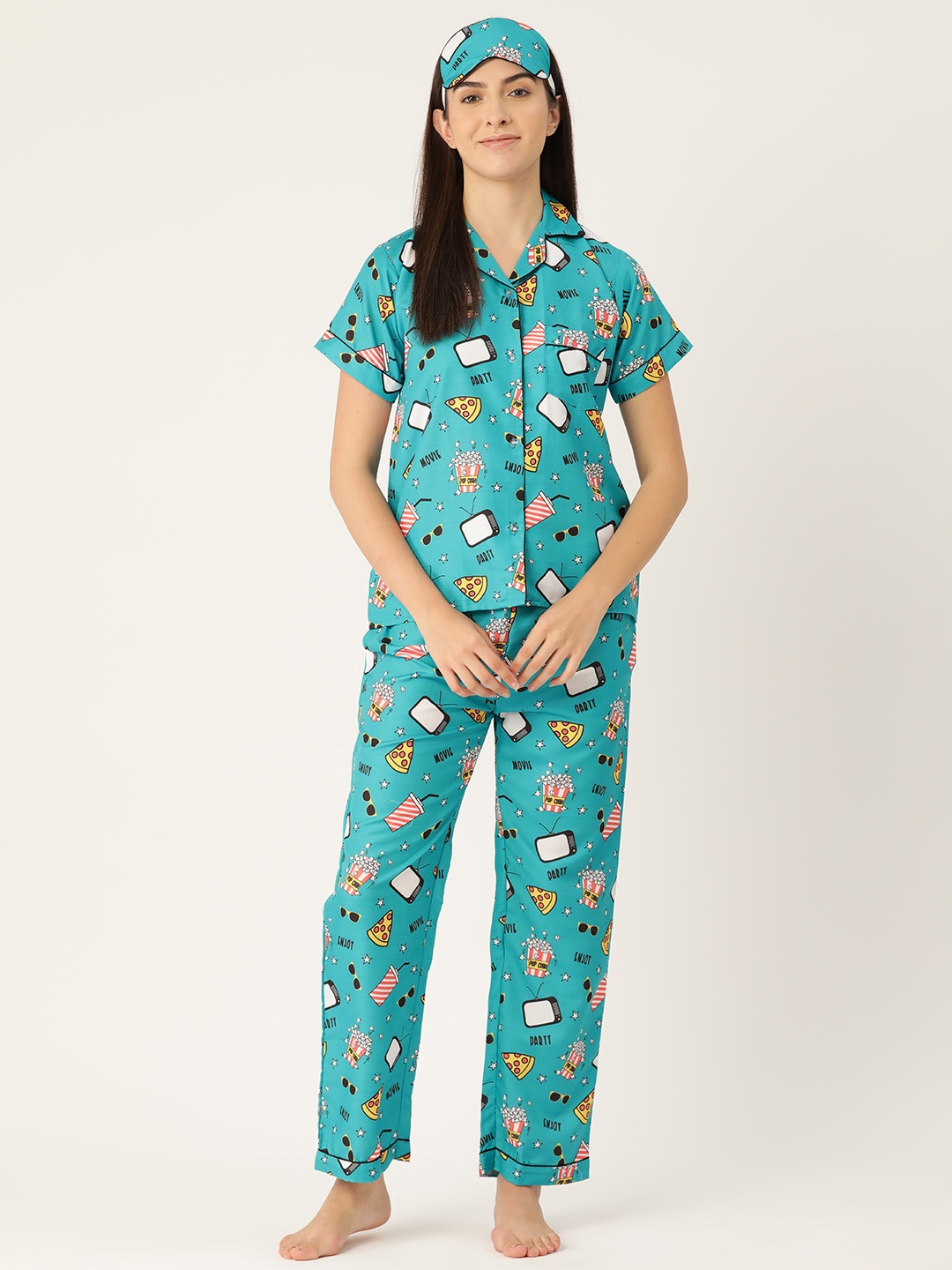 

bedgasm Women Conversational Printed Night suit with Eye Mask, Turquoise blue