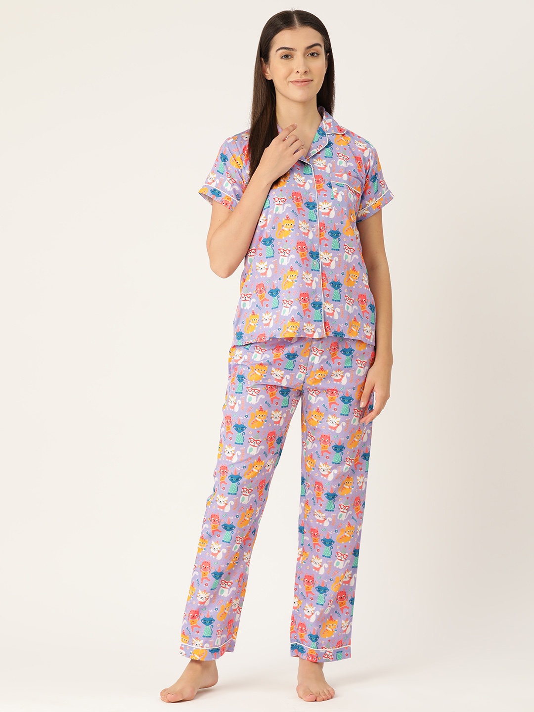 

bedgasm Women Conversational Printed Night suit, Lavender