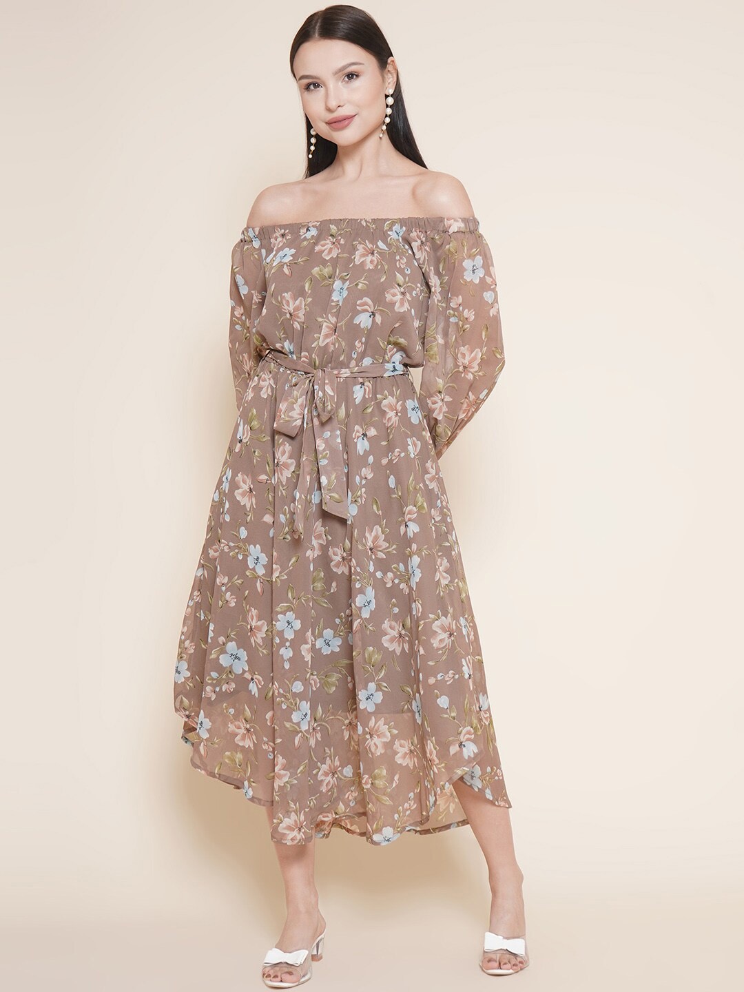 

VESTIDO MODAS Floral Printed Off-Shoulder Puff Sleeve Fit & Flare Dress, Brown