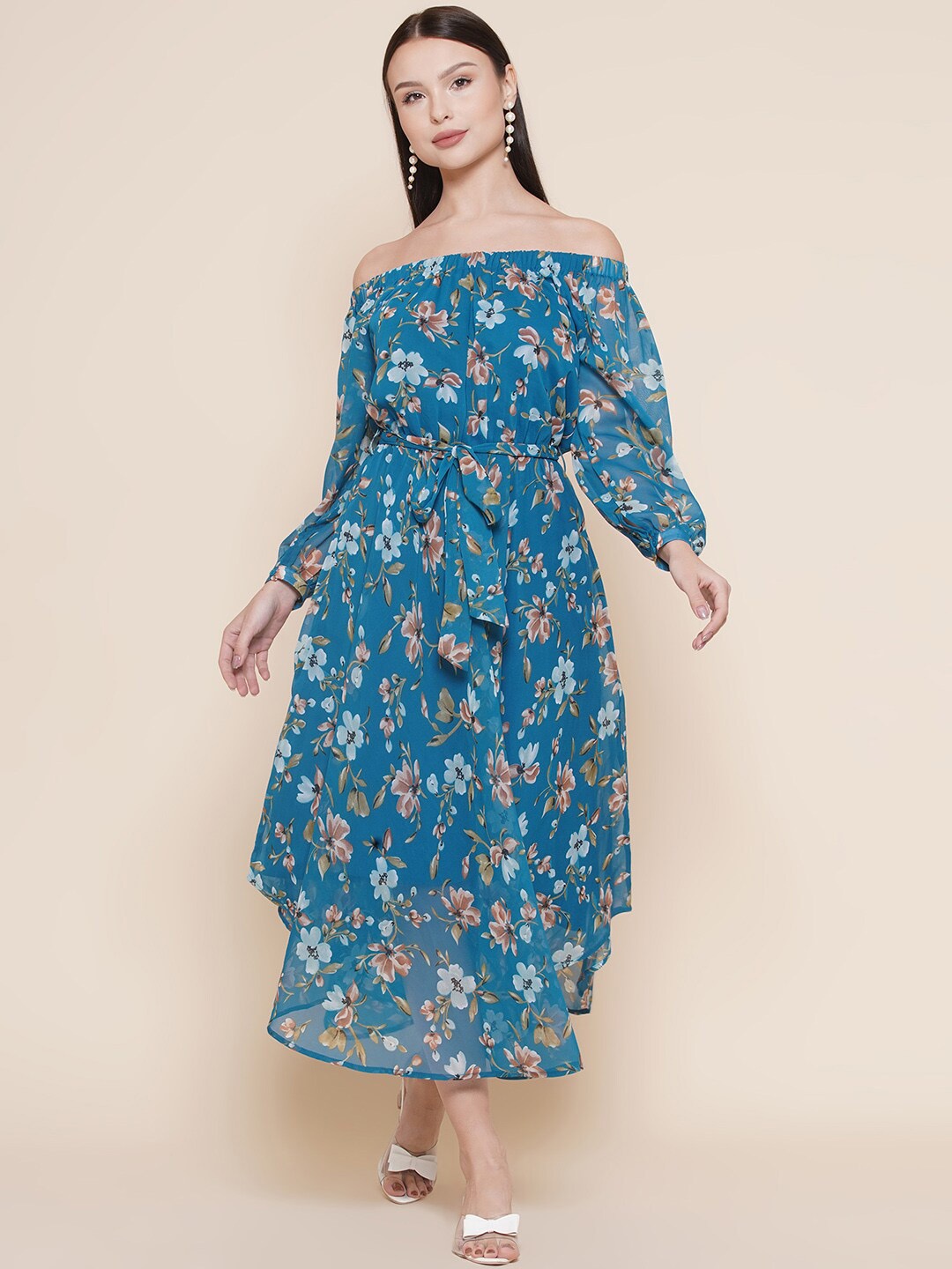 

VESTIDO MODAS Floral Printed Off-Shoulder Puff Sleeves Fit & Flare Dress, Teal