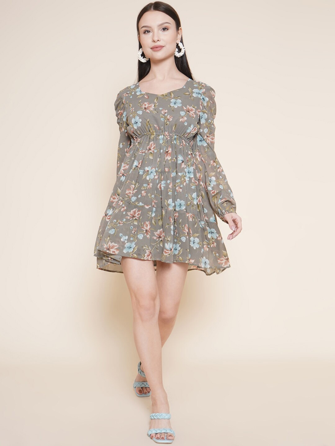 

VESTIDO MODAS Floral Printed Puff Sleeve Fit & Flare Dress, Grey
