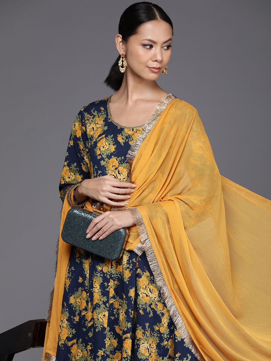 

Varanga Floral Printed Anarkali Kurta With Dupatta, Navy blue