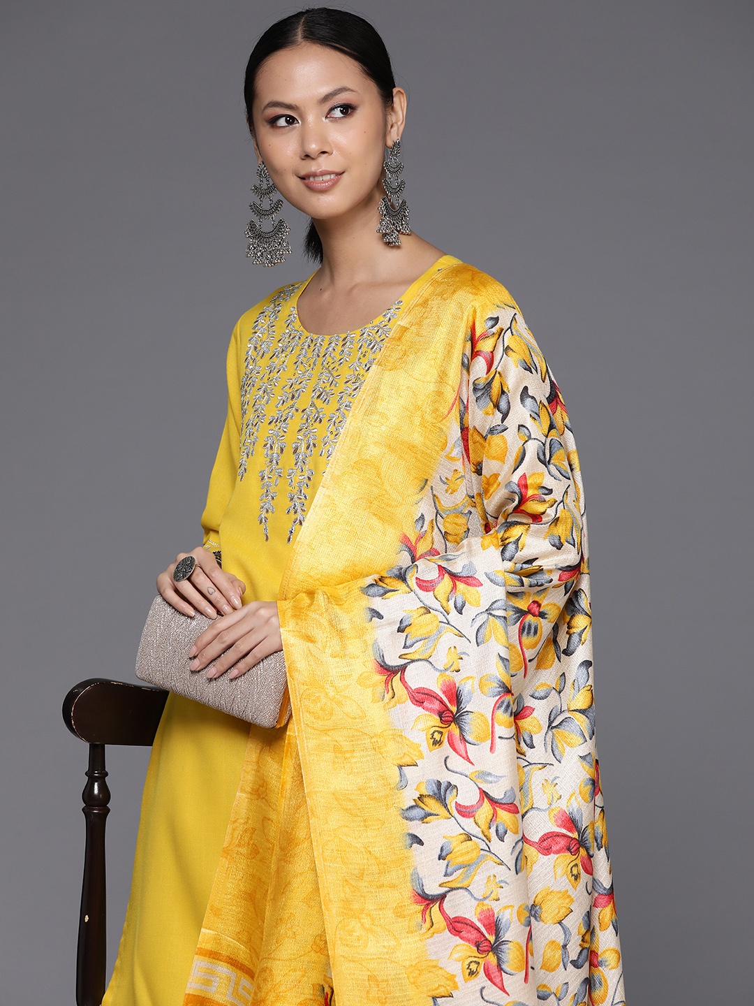 

Varanga Ethnic Motifs Embroidered Regular Mirror Work Kurta with Trousers & Dupatta, Yellow