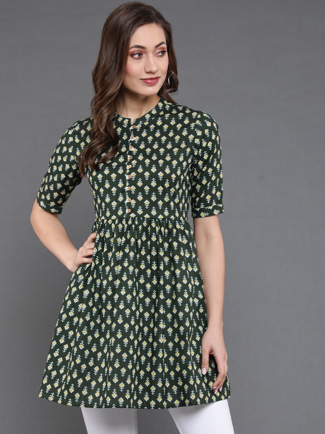 

antaran Floral Printed Mandarin Collar Cotton Tunic, Green