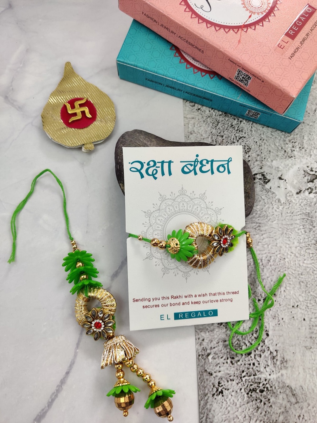 

EL REGALO Men Set Of 2 Flower Charm Rakhi With Candle & Greeting Card, Green