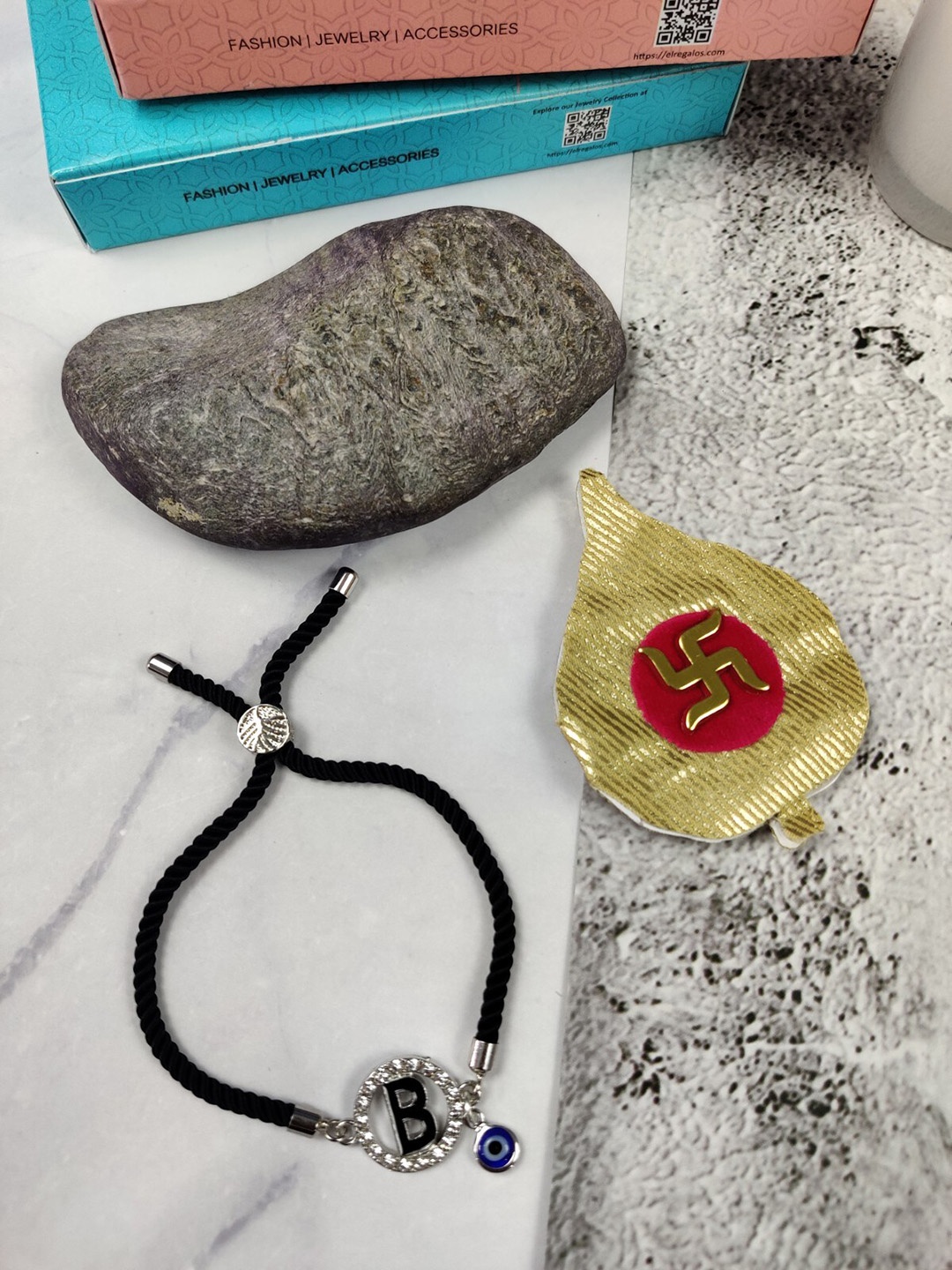 

EL REGALO B Name Initial Evil Eye Rakhi With Roli chawal Card, Black