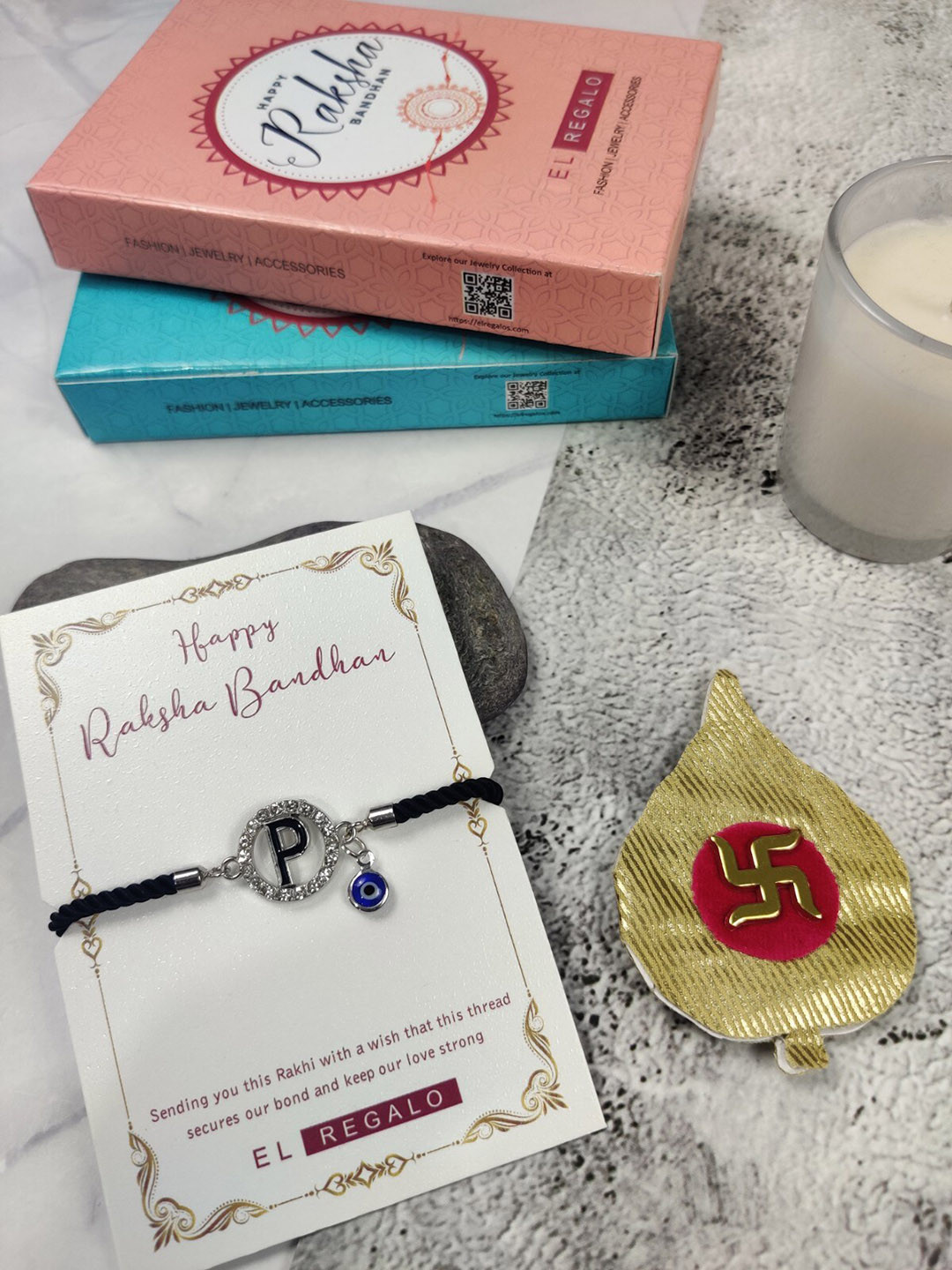 

EL REGALO P Name Initial Evil Eye Rakhi With Roli Chawal, Black