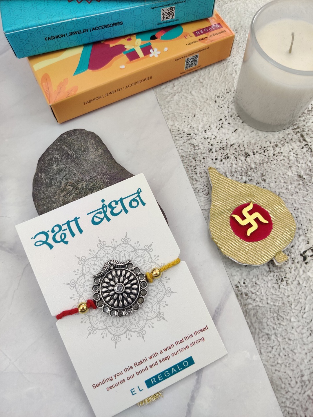 

EL REGALO Oxidized Rakhi With Roli Rice & Greeting Card, Silver