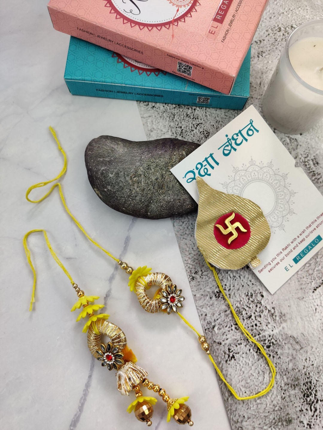 

EL REGALO Men Set Of 2 Flower Charm Rakhi With Greeting Card, Yellow