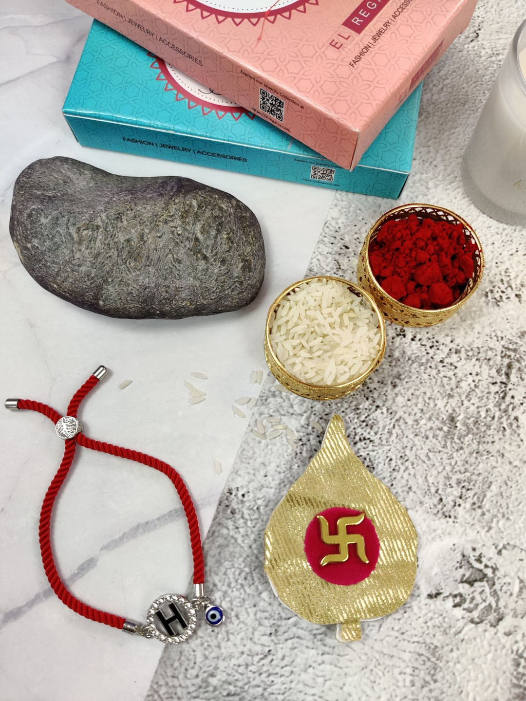 

EL REGALO H Name Initial Evil Eye Rakhi With Roli Chawal, Red