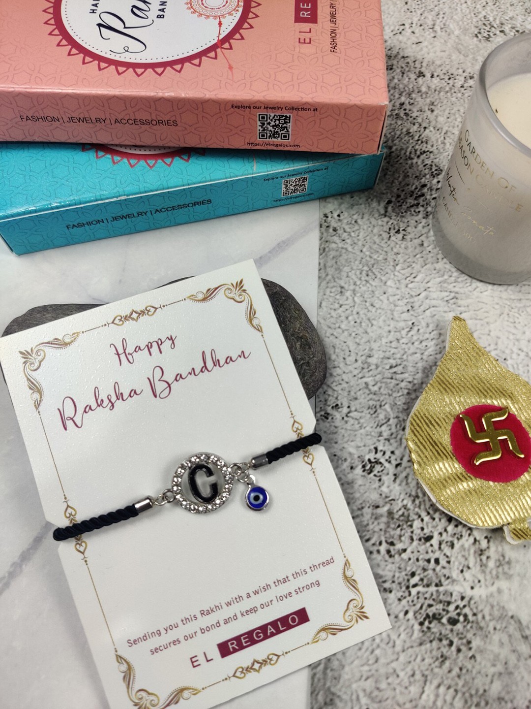 

EL REGALO Men C Name Initial Evil Eye Rakhi, Black