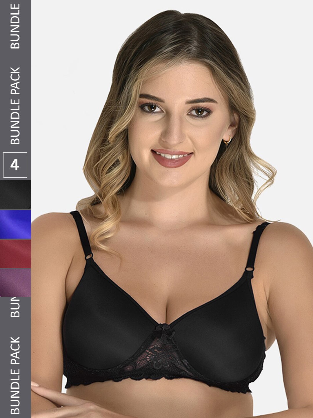

StyFun Pack of 4 Full Coverage Lightly Padded Lace All Day Comfort Bra, Black