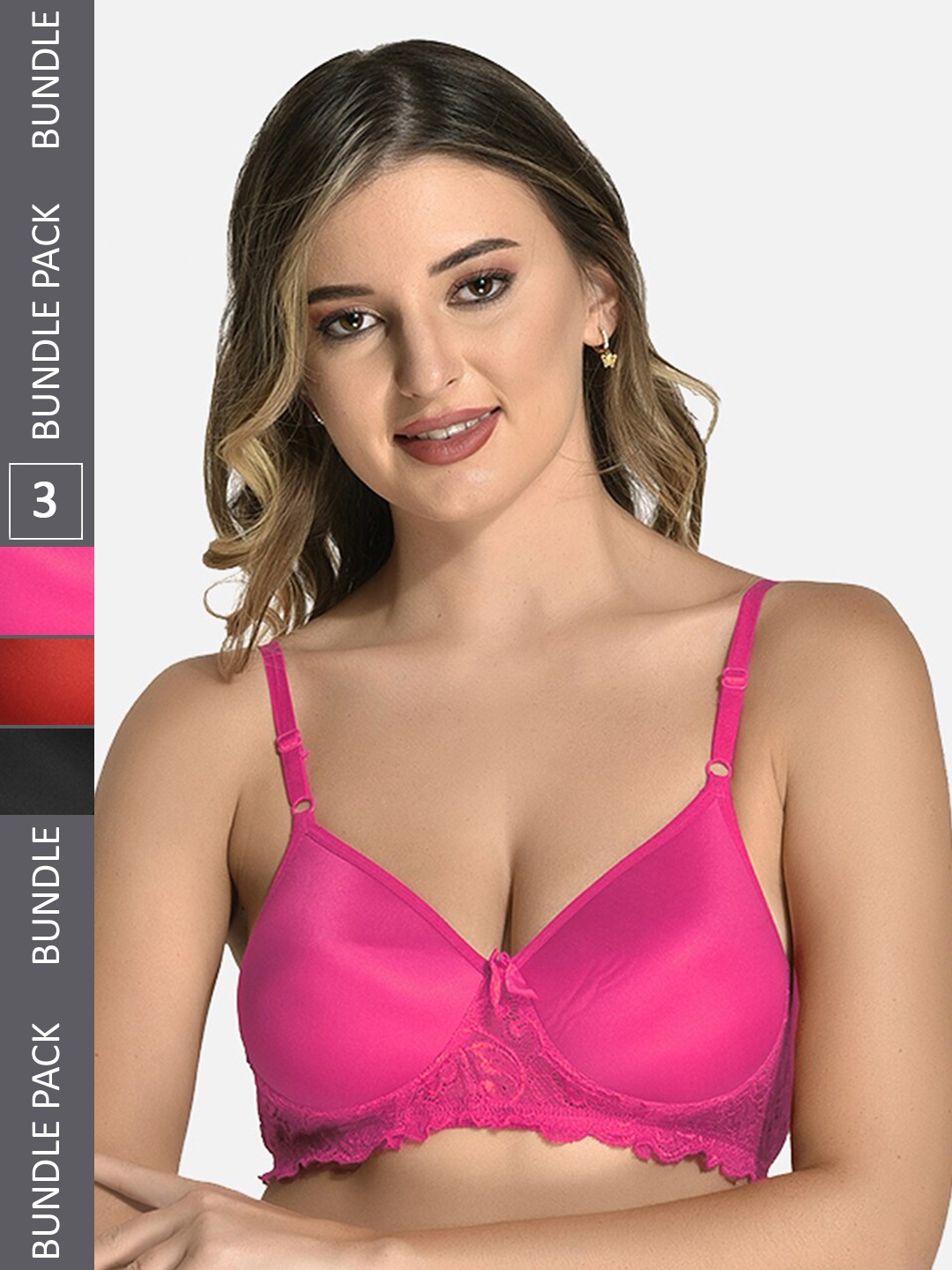 

StyFun Pack Of 3 Full Coverage Lightly Padded Lace All Day Comfort Bra, Black
