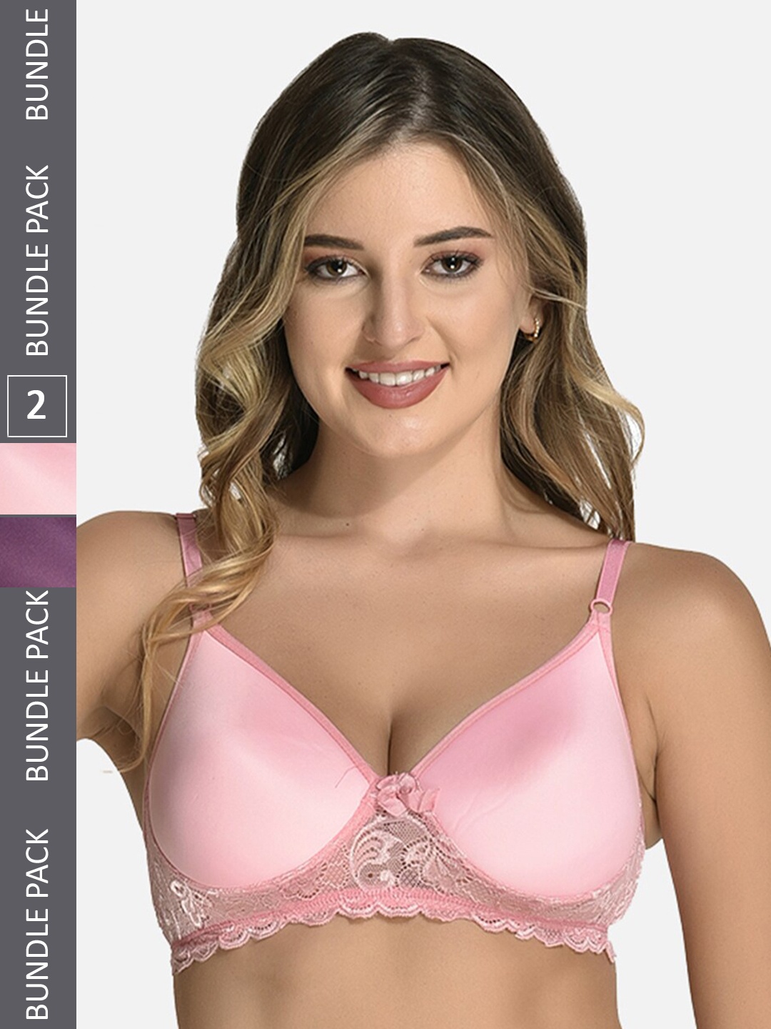 

StyFun Pack Of 2 Full Coverage Lightly Padded Lace All Day Comfort Bra, Pink