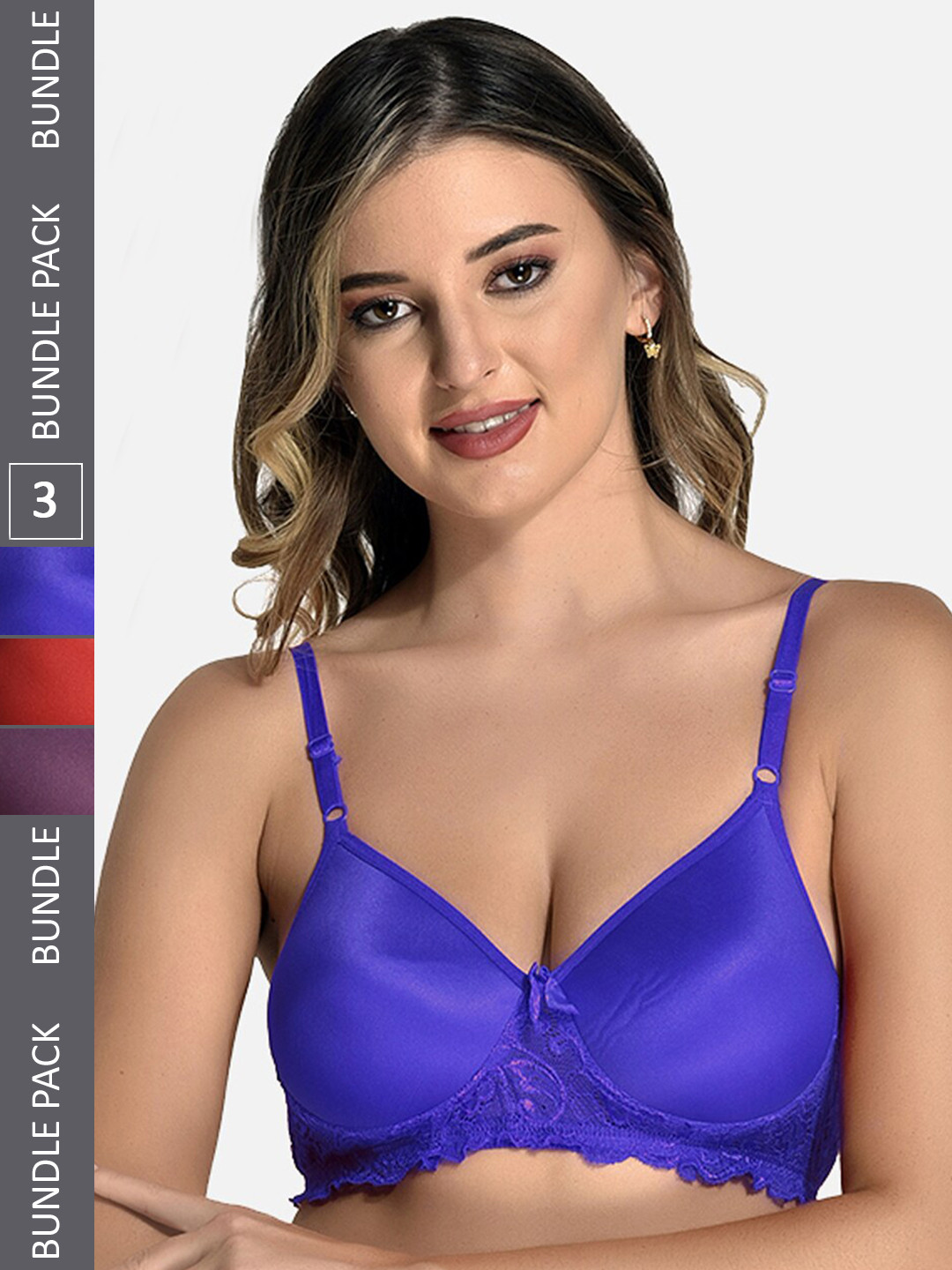 

StyFun Pack Of 3 Floral Lace Bra Full Coverage Lightly Padded, Blue