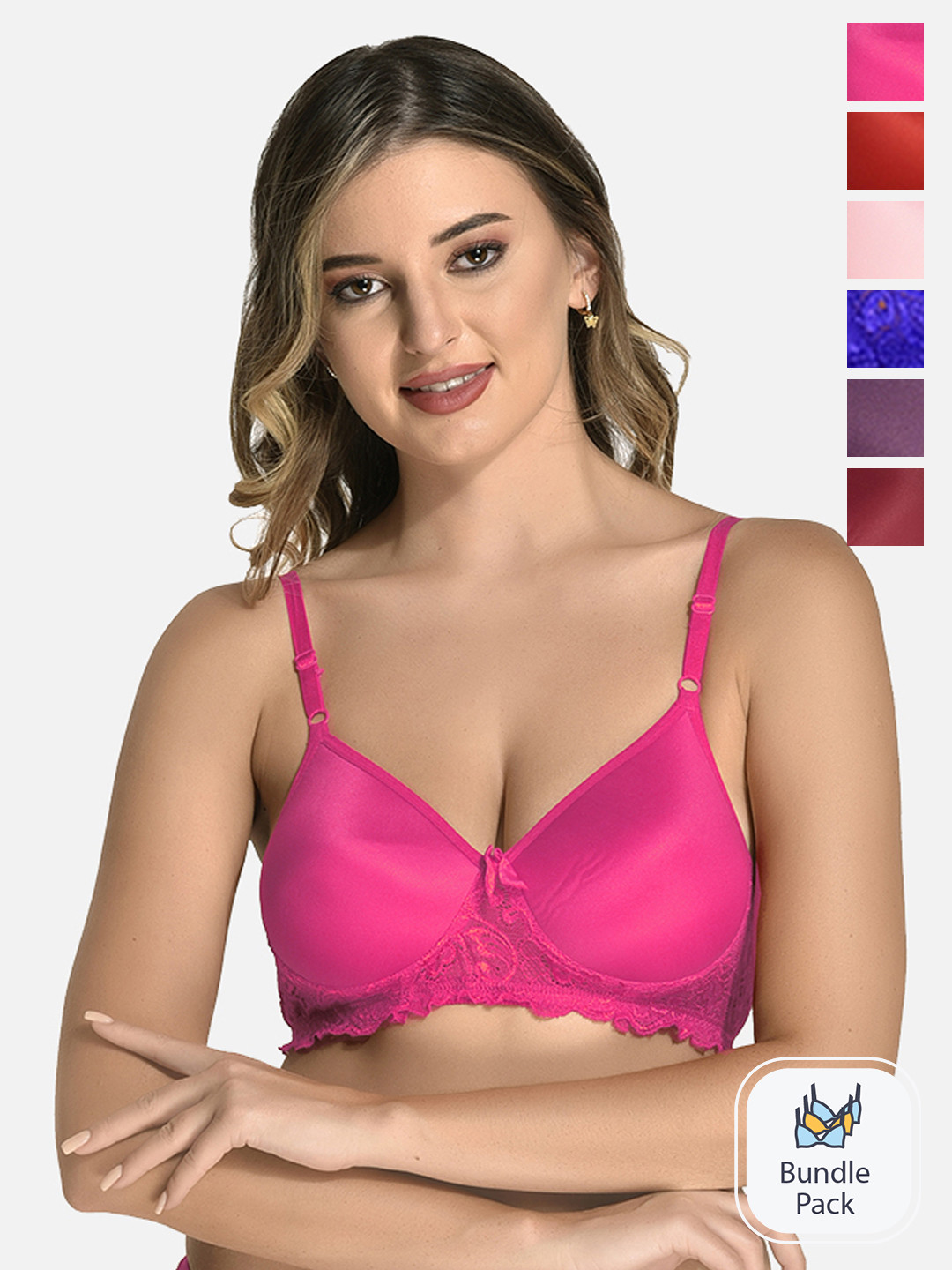 

StyFun Pack of 6 Floral Lace Everyday Bra - Full Coverage Lightly Padded, Pink