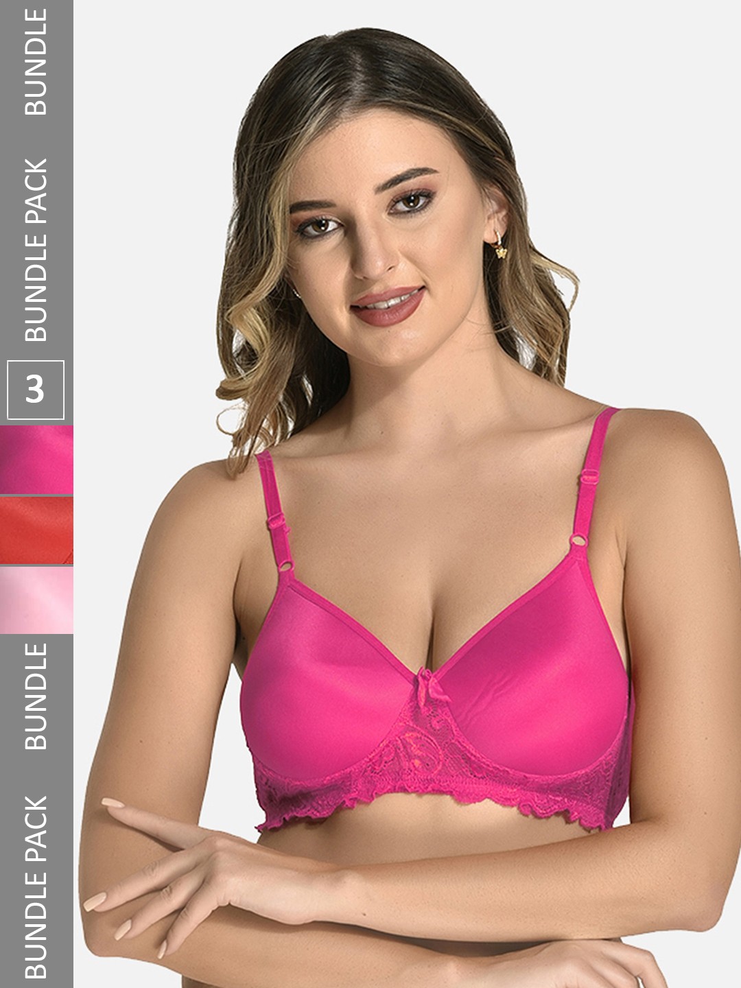 

StyFun Pack of 3 Non-Wired Lightly Padded Seamless Lace T-shirt Bra With All Day Comfort, Fuchsia