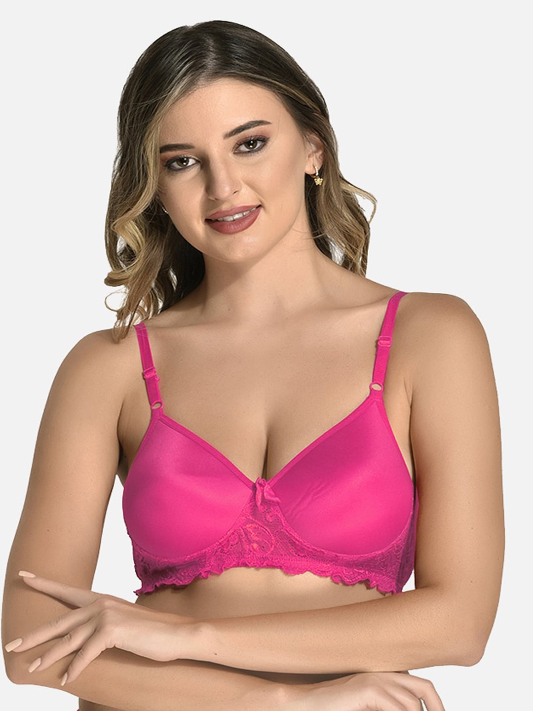 

StyFun Non-Wired Lightly Padded Seamless Lace T-shirt Bra With All Day Comfort, Fuchsia