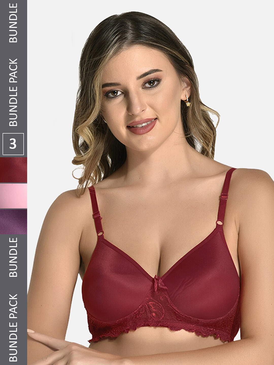 

StyFun Pack Of 3 Floral Lace Bra Full Coverage Lightly Padded, Maroon