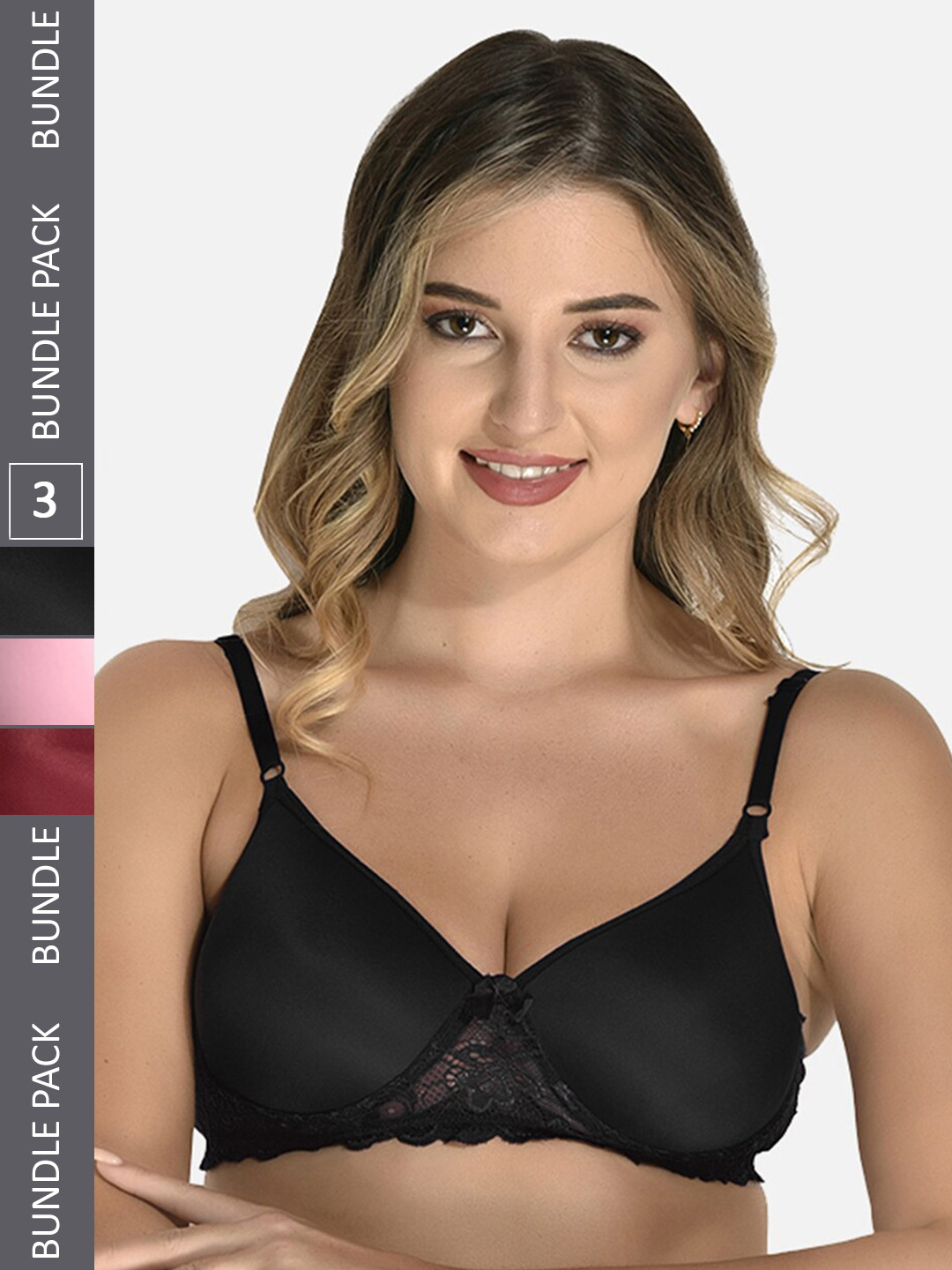 

StyFun Pack Of 3 Floral Lace Bra Full Coverage Lightly Padded, Maroon