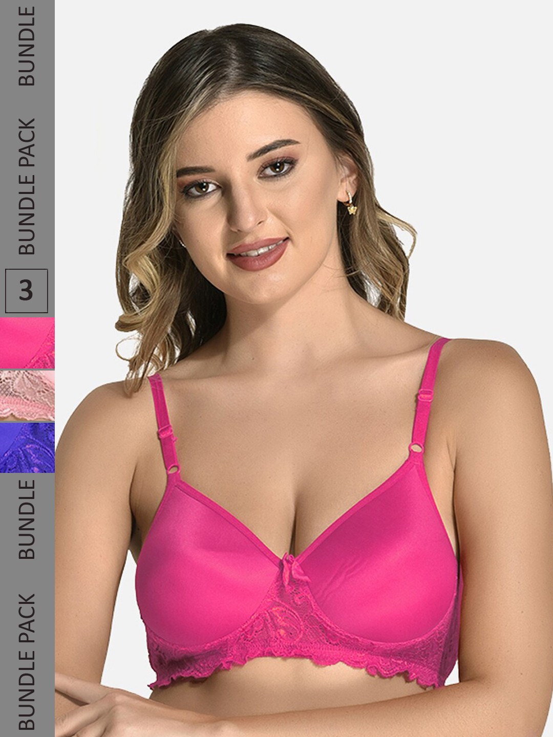 

StyFun Pack Of 3 Lace Lightly Padded Full Coverage Cotton Everyday Bra All Day Comfort, Pink