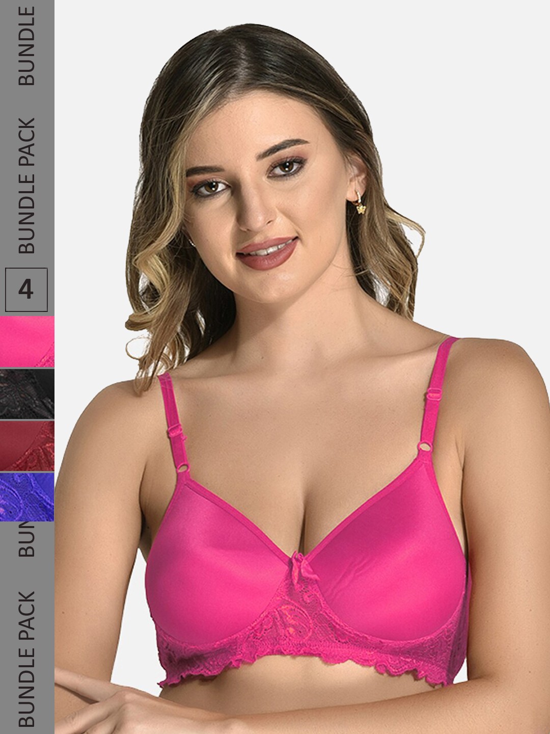 

StyFun Pack Of 4 Lace Lightly Padded Full Coverage Cotton Everyday Bra All Day Comfort, Pink