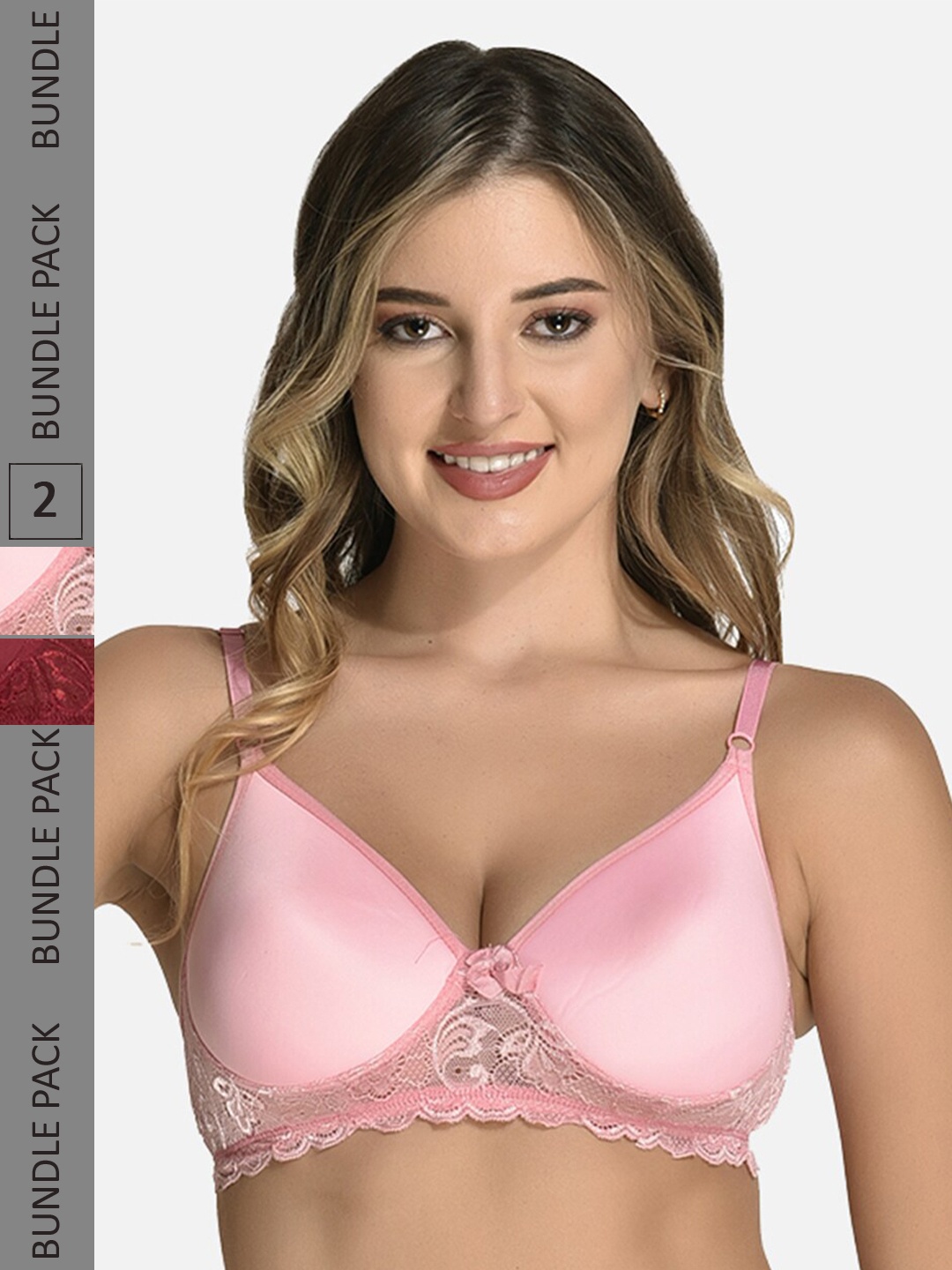 

StyFun Pack Of 2 Lace Lightly Padded Full Coverage Cotton Everyday Bra All Day Comfort, Pink