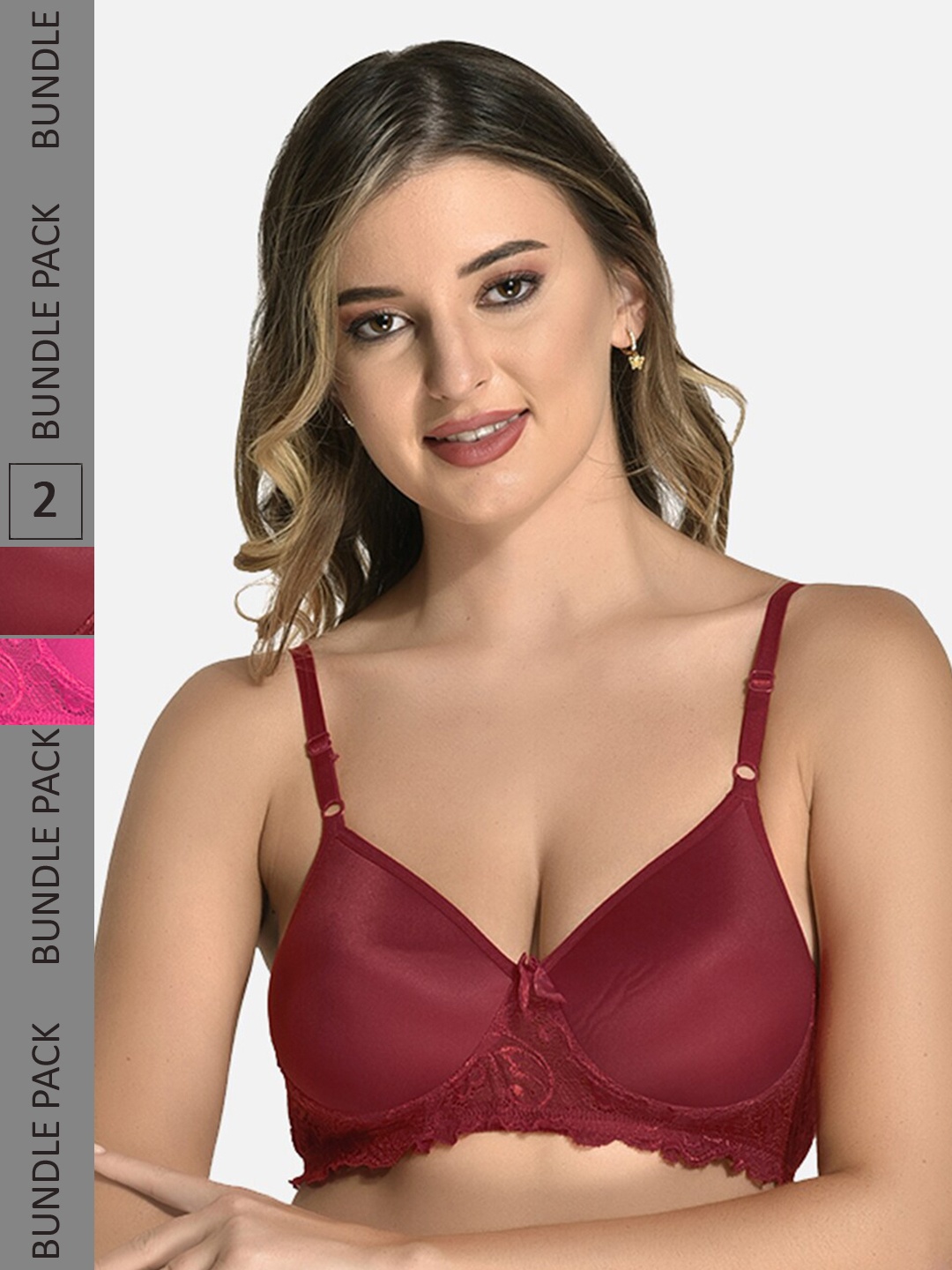 

StyFun Pack Of 2 Lace Lightly Padded Full Coverage Cotton Everyday Bra All Day Comfort, Maroon