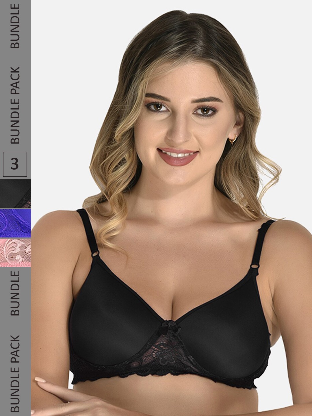 

StyFun Pack Of 3 Floral Lace Full Coverage Lightly Padded Non-Wired Everyday Bra, Pink