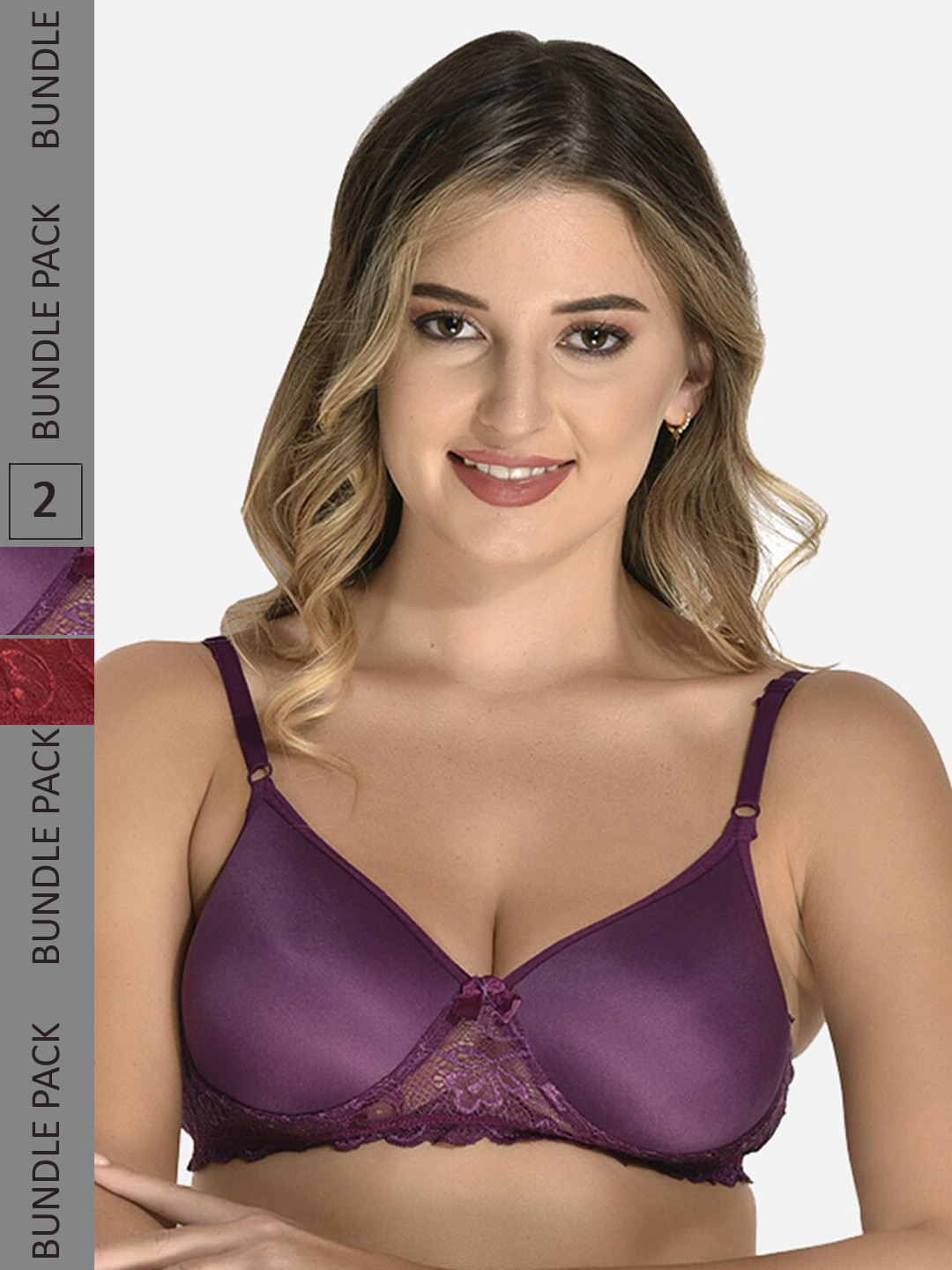 

StyFun Pack Of 2 Floral Lace Full Coverage Lightly Padded Non-Wired Everyday Bra, Maroon