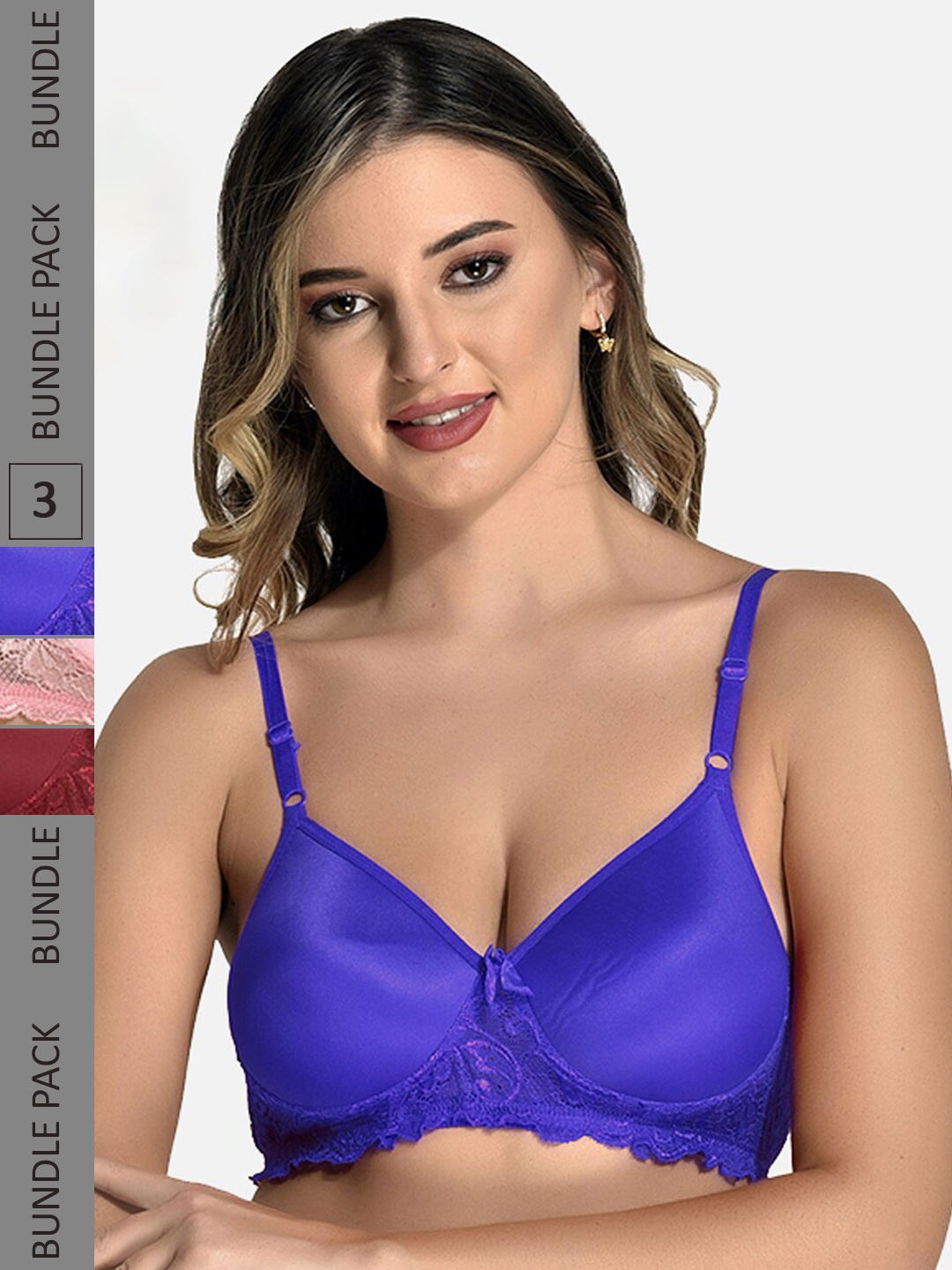 

StyFun Pack Of 3 Floral Lace Full Coverage Lightly Padded Non-Wired Everyday Bra, Blue