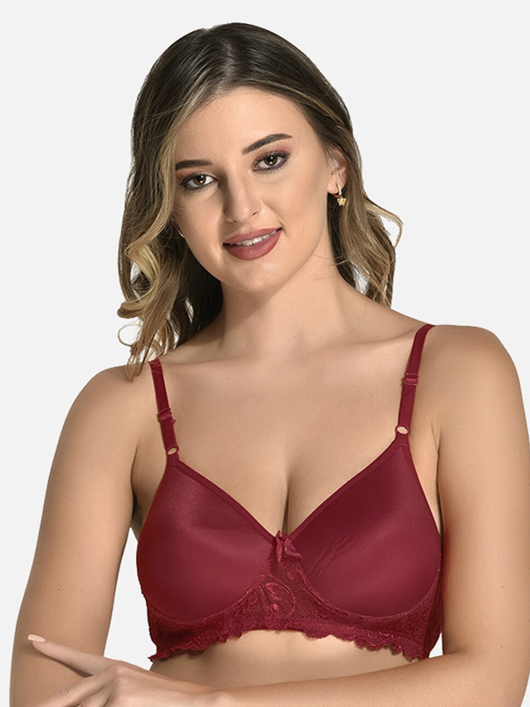 

StyFun Lace Full Coverage Lightly Padded Seamless Cotton Everyday Bra With All Day Comfort, Maroon