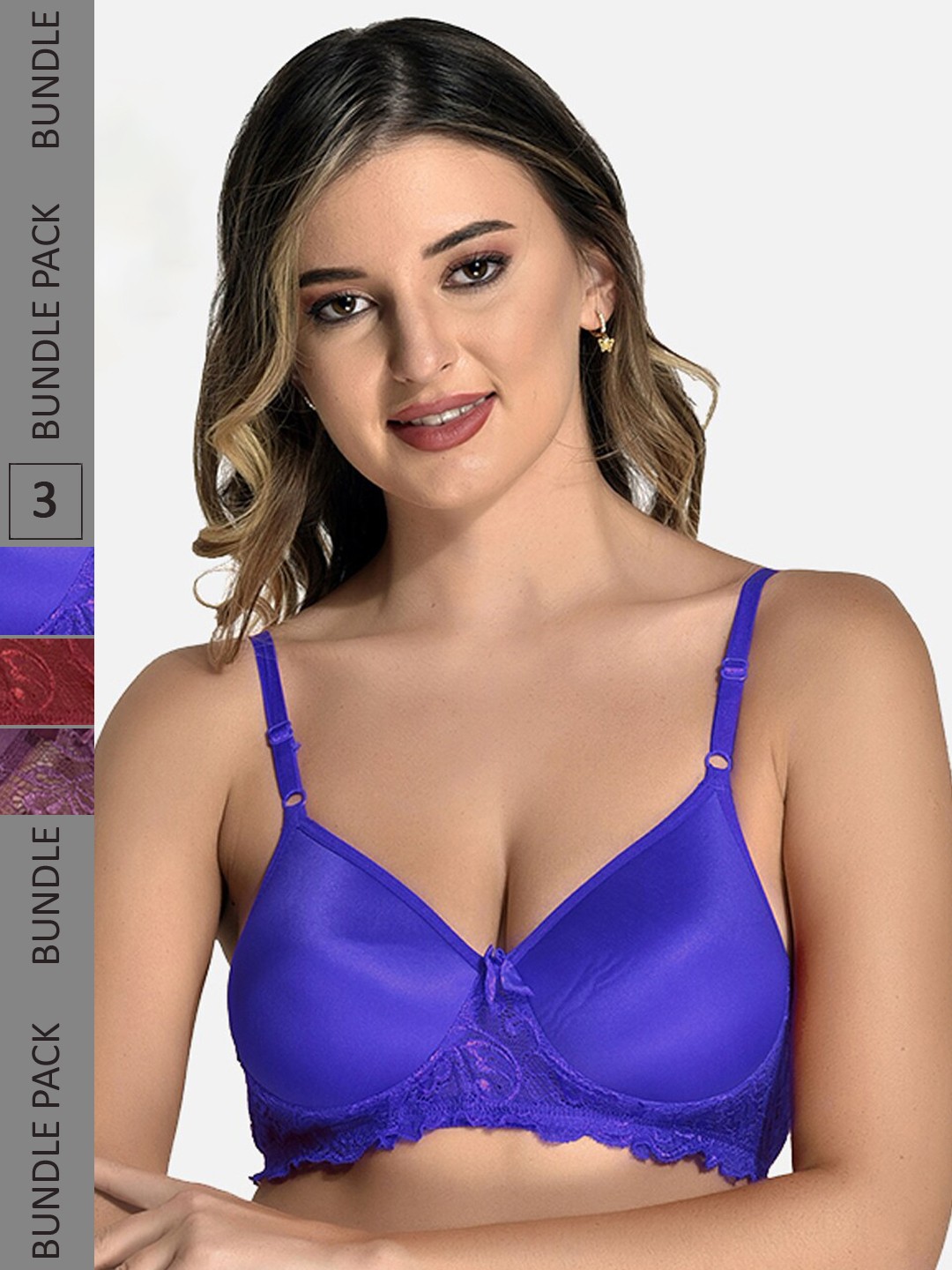 

StyFun Pack Of 3 Lace Full Coverage Lightly Padded Everyday Bra With All day Comfort, Blue