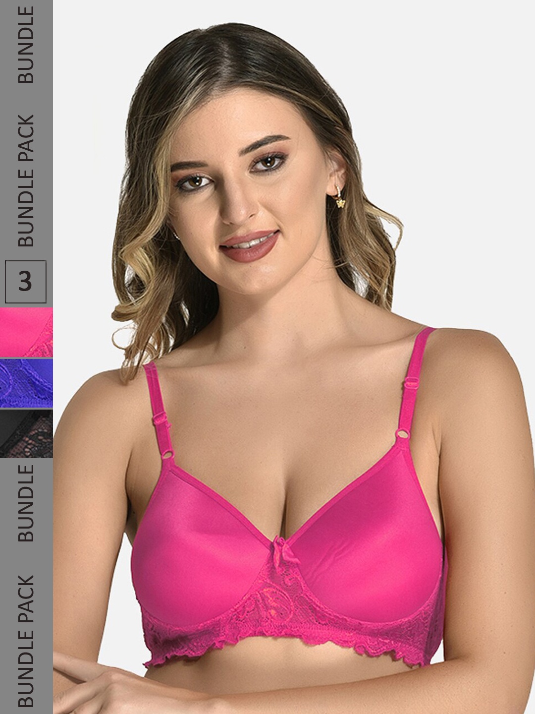 

StyFun Pack Of 3 Lace Full Coverage Lightly Padded Everyday Bra With All day Comfort, Blue