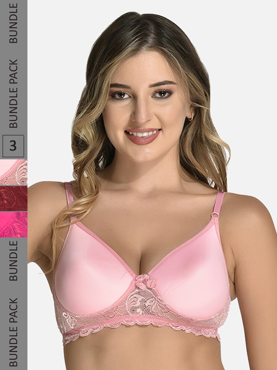

StyFun Pack Of 3 Lace Full Coverage Lightly Padded Everyday Bra With All day Comfort, Pink
