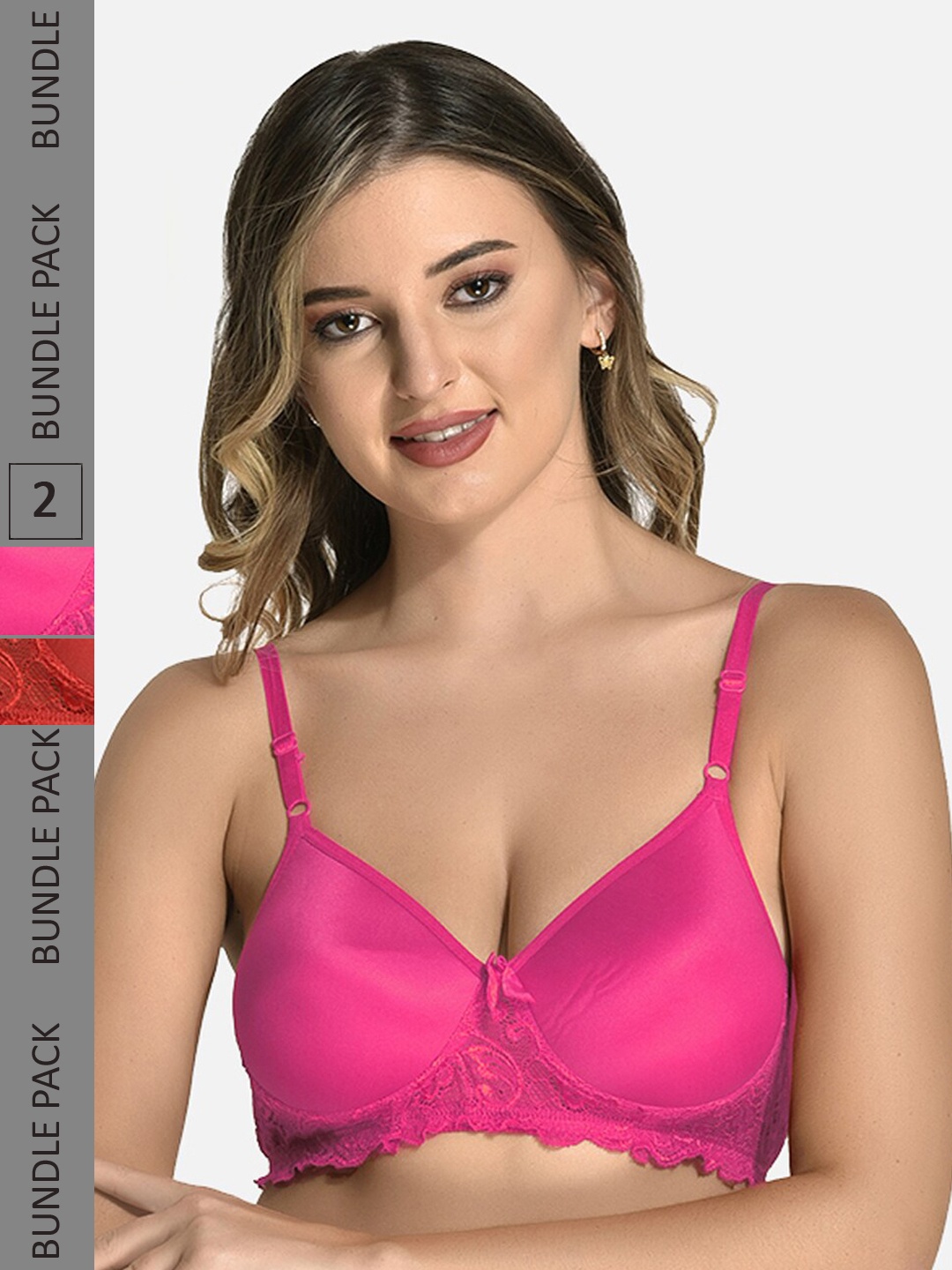 

StyFun Pack Of 2 Lace Full Coverage Lightly Padded Everyday Bra With All day Comfort, Fuchsia