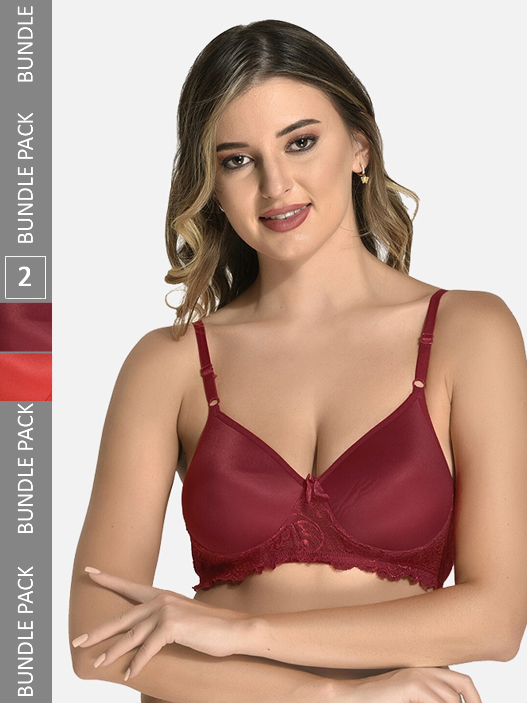 

StyFun Pack of 2 Non-Wired Lightly Padded Seamless Lace T-shirt Bra With All Day Comfort, Red