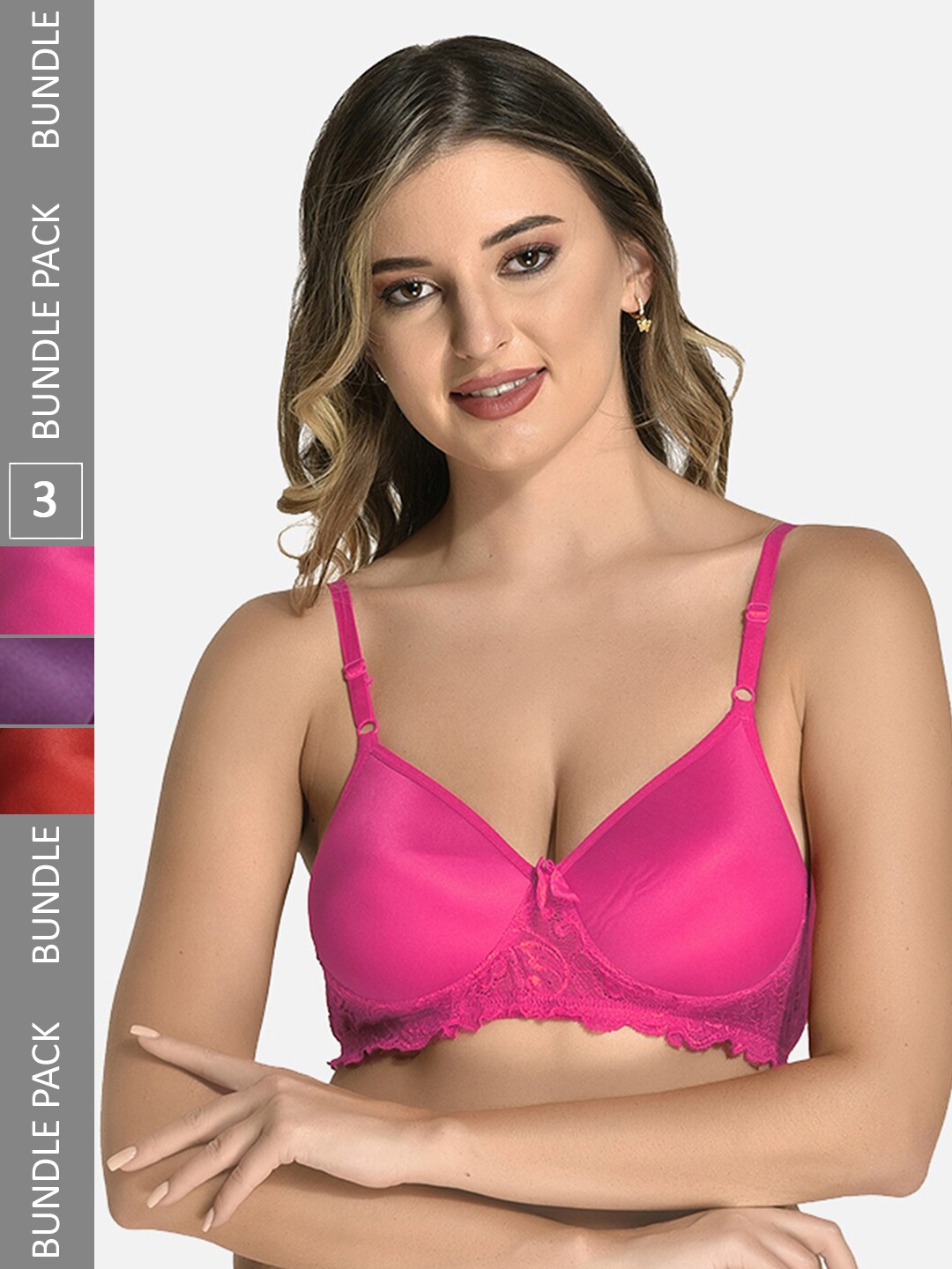 

StyFun Pack of 3 Non-Wired Lightly Padded Seamless Lace T-shirt Bra With All Day Comfort, Pink