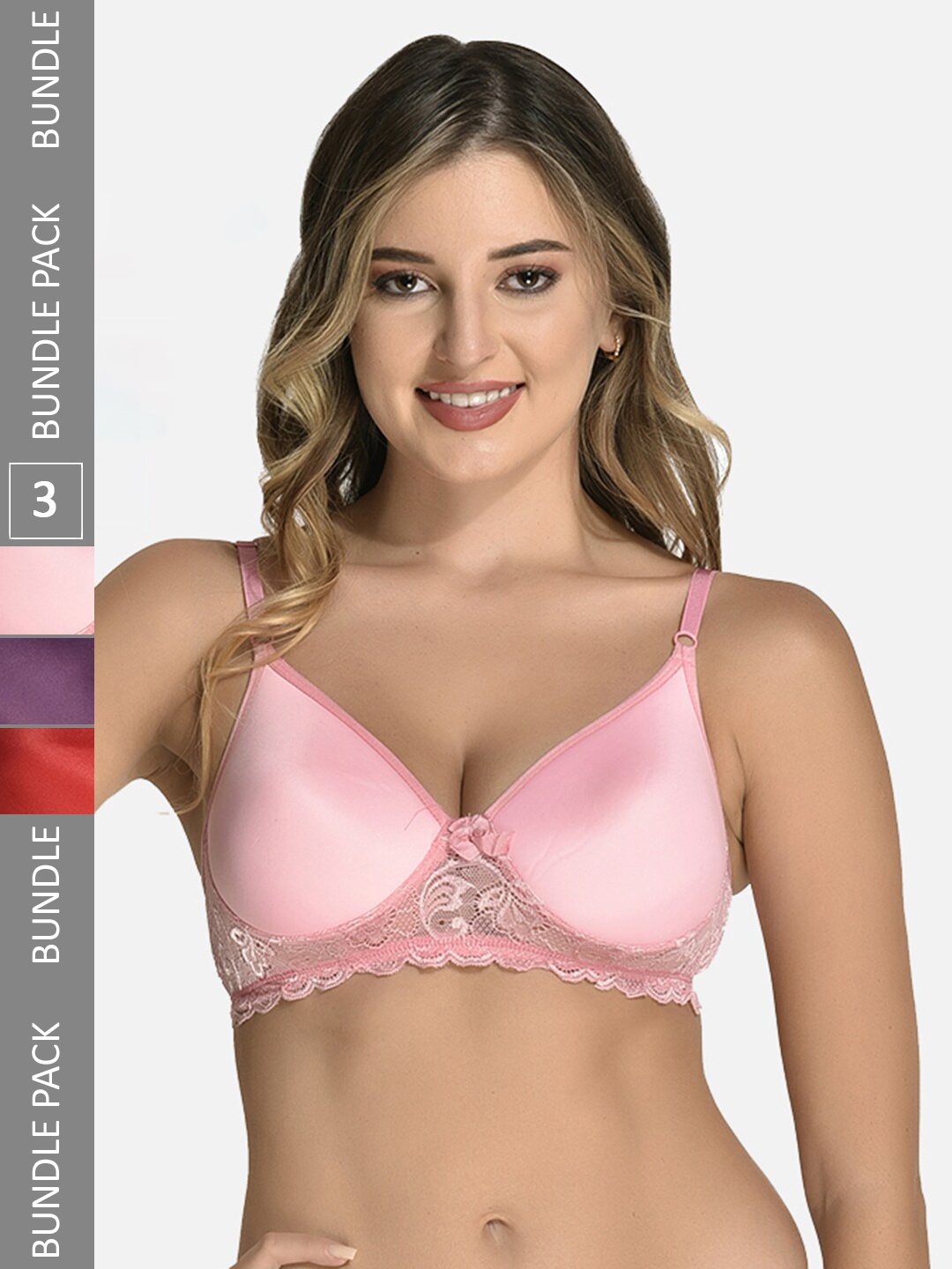 

StyFun Pack Of 3 Full Coverage Lightly Padded Seamless Cotton Bra-All Day Comfort, Pink
