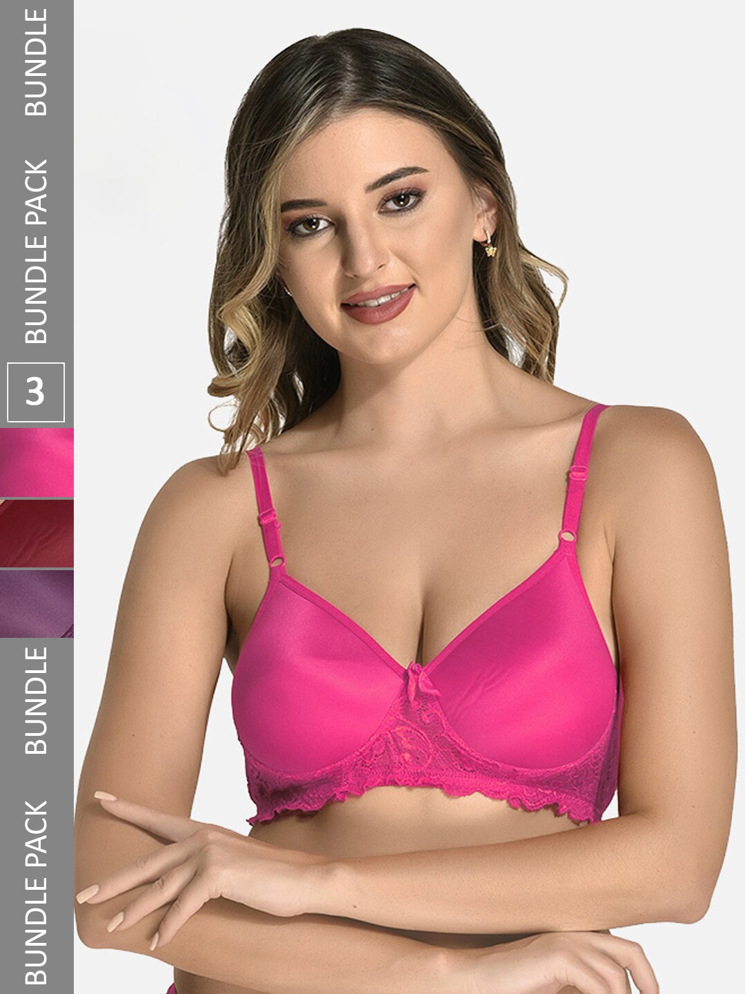 

StyFun Pack Of 3 Full Coverage Lightly Padded Seamless Cotton Bra-All Day Comfort, Pink