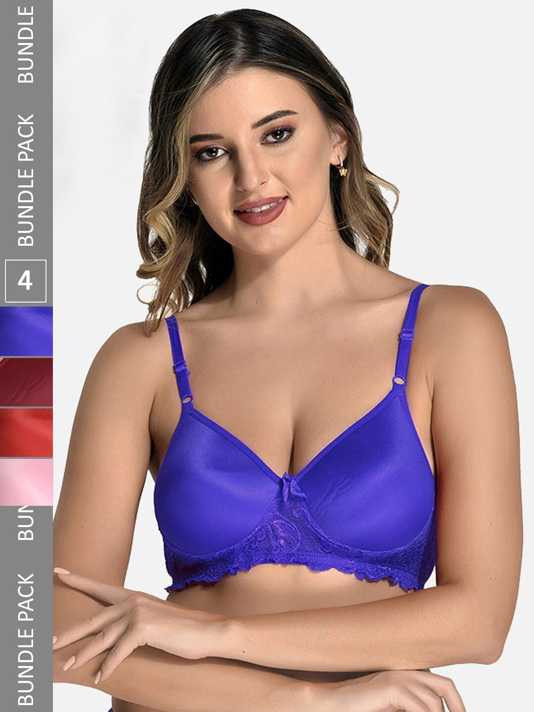 

StyFun Pack Of 4 Full Coverage Lightly Padded Seamless Cotton Bra-All Day Comfort, Blue