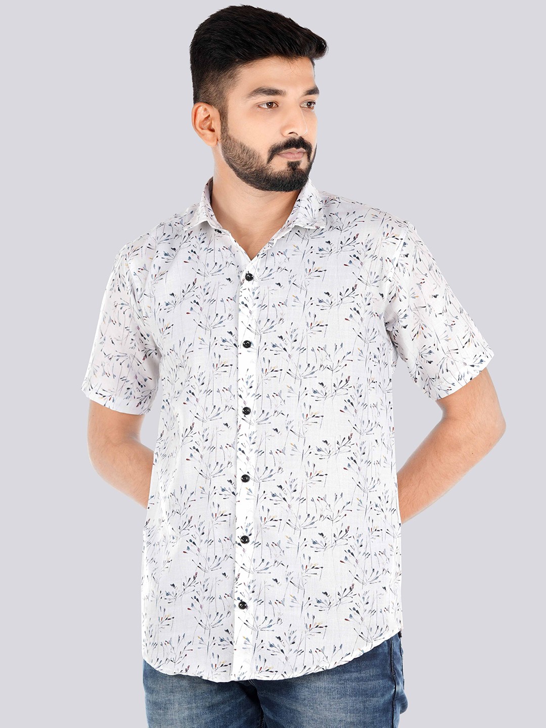 

VENISA Standard Fit Floral Printed Casual Linen Blend Shirt, White