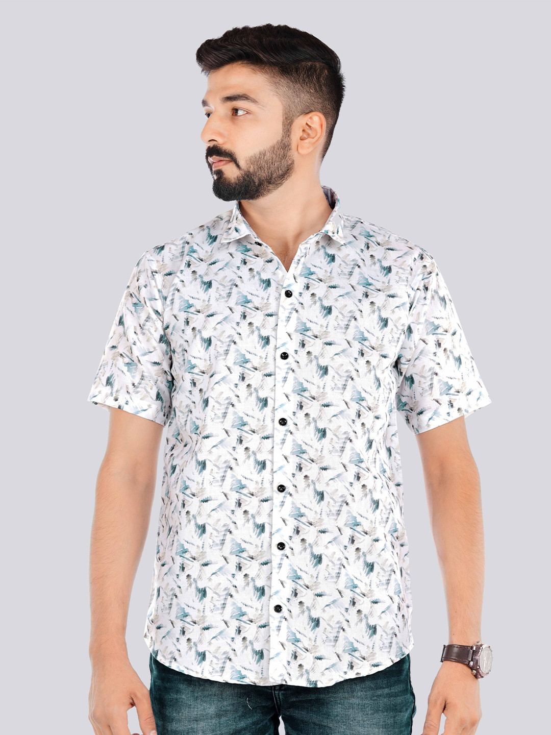 

VENISA Standard Printed Spread Collar Casual Shirt, White