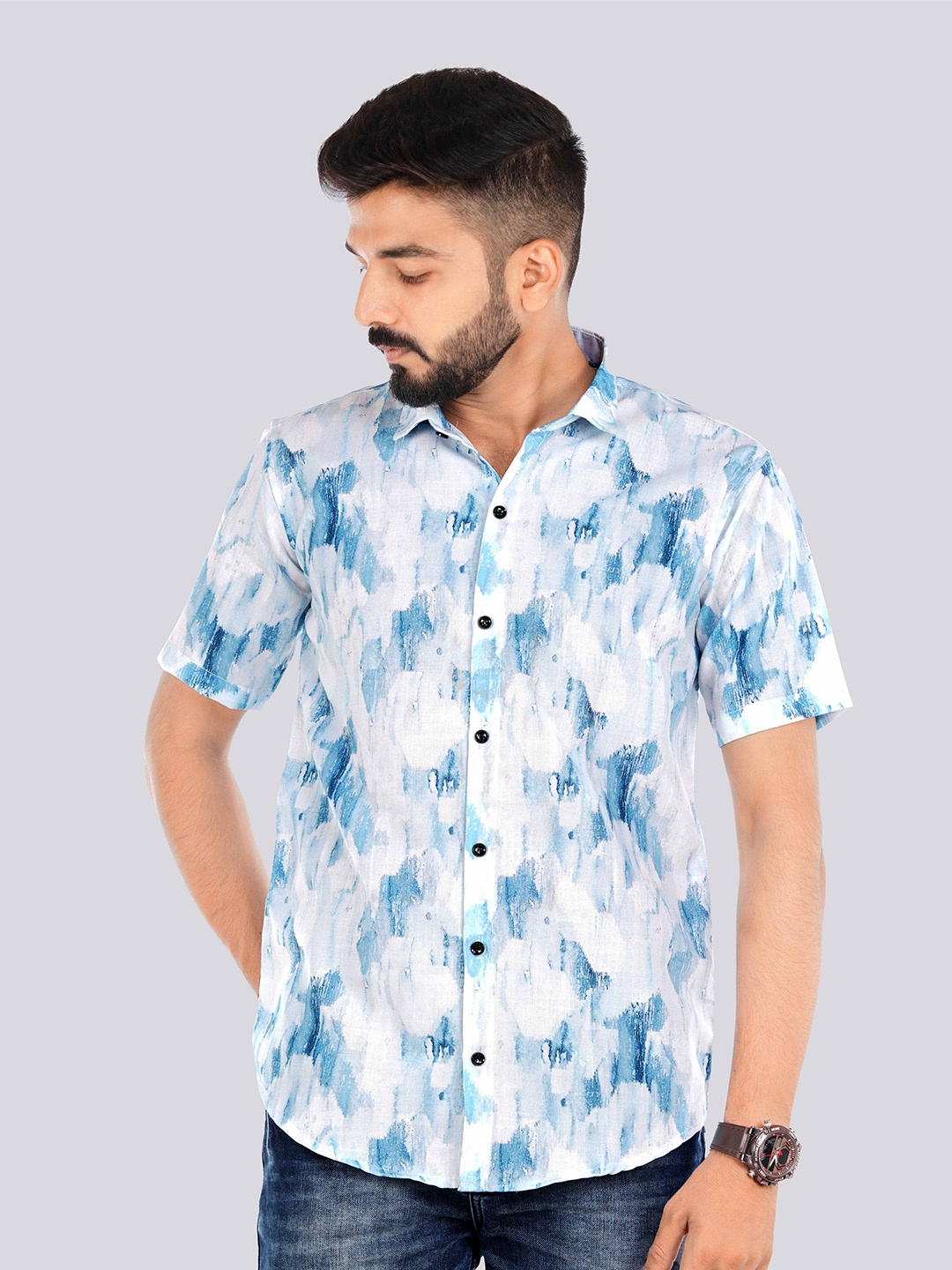 

VENISA Abstract Printed Standard Casual Shirt, White